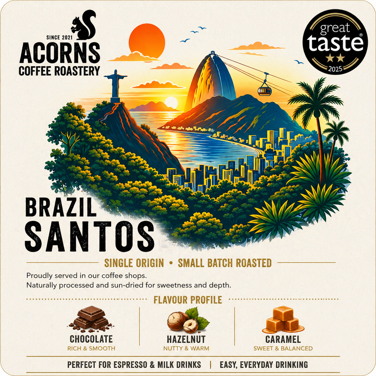 Brazil Santos medium roast coffee beans from Acorns Coffee & Cake, showcasing rich, dark roasted coffee with chocolate and caramel notes.
