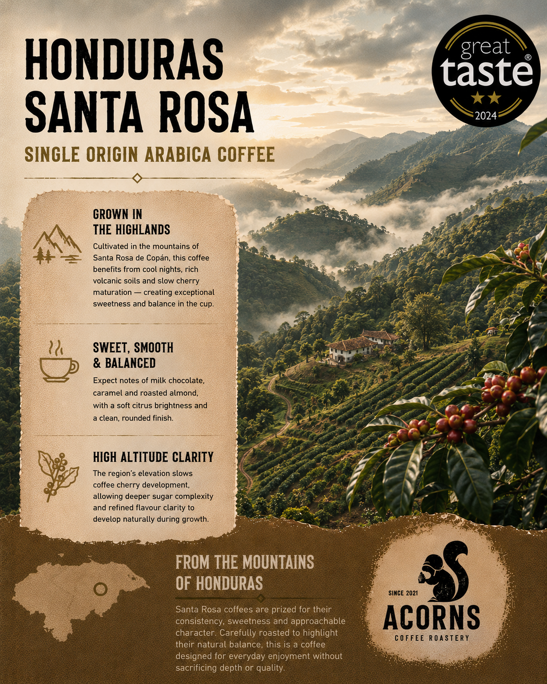 Medium roast Honduras Santa Rosa coffee from Acorns Coffee & Cake, featuring smooth, sweet coffee beans with mountain landscape background.