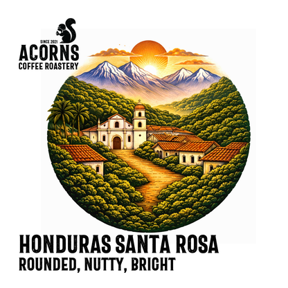 Medium roast Honduras Santa Rosa coffee by Acorns Coffee & Cake, featuring a rounded, nutty, and bright flavor profile.