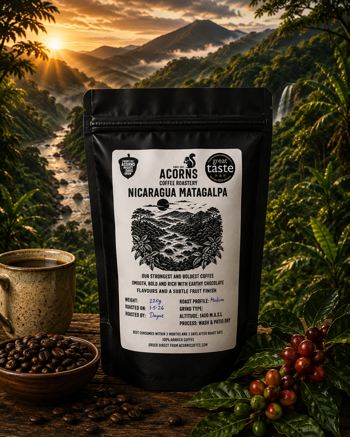 Medium roast coffee beans from Nicaragua Matagalpa by Acorns Coffee & Cake, displayed against a dusk sunset background.