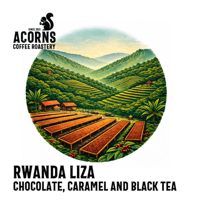 Acorns Coffee Rwanda Liza medium roast coffee bag with chocolate and caramel flavors, featuring a vibrant label design.