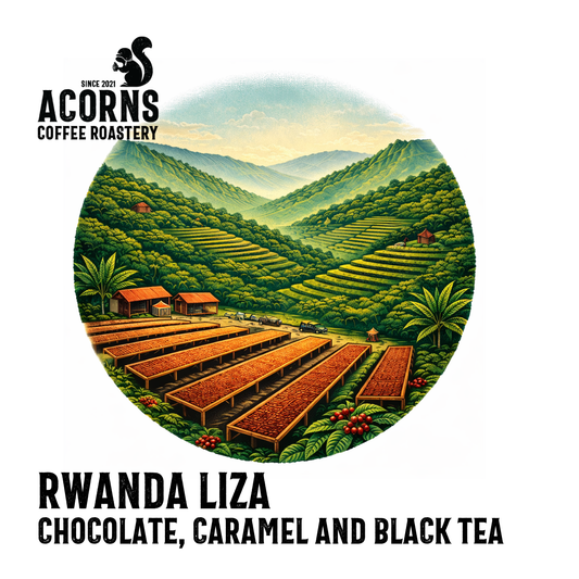 Acorns Coffee Rwanda Liza medium roast coffee bag with chocolate and caramel flavors, featuring a vibrant label design.