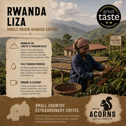 Medium roast Rwanda Liza coffee by Acorns Coffee & Cake, showcasing freshly brewed coffee in a cup with rich aroma.