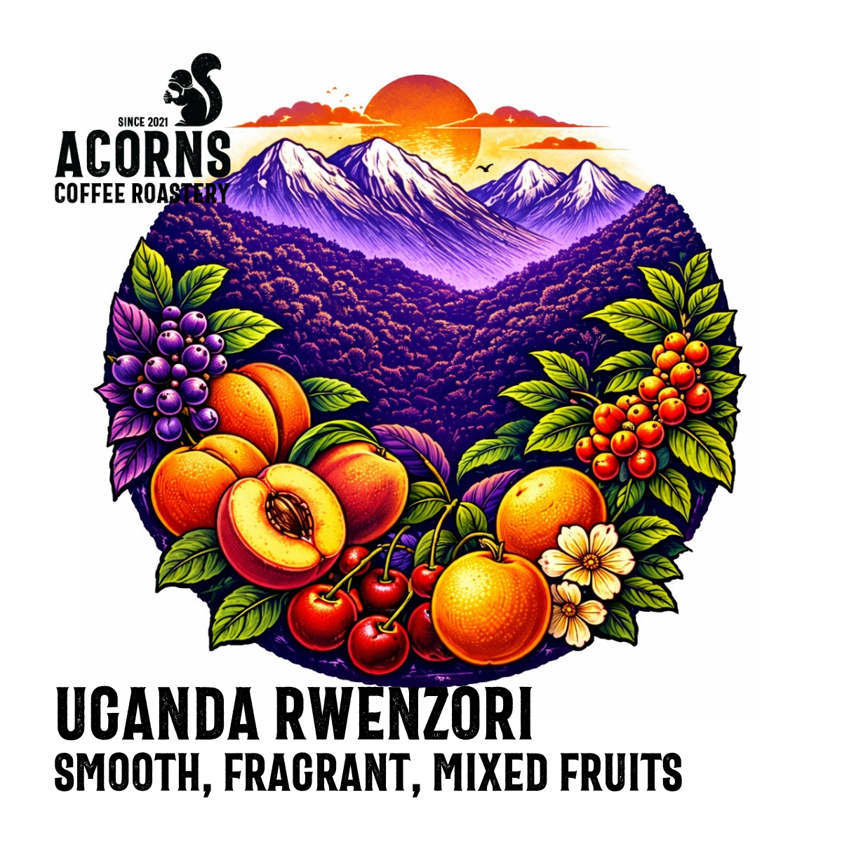 Medium roast Uganda Rwenzori Kisinga coffee from Acorns Coffee & Cake, featuring smooth, fragrant aroma with hints of mixed fruits.