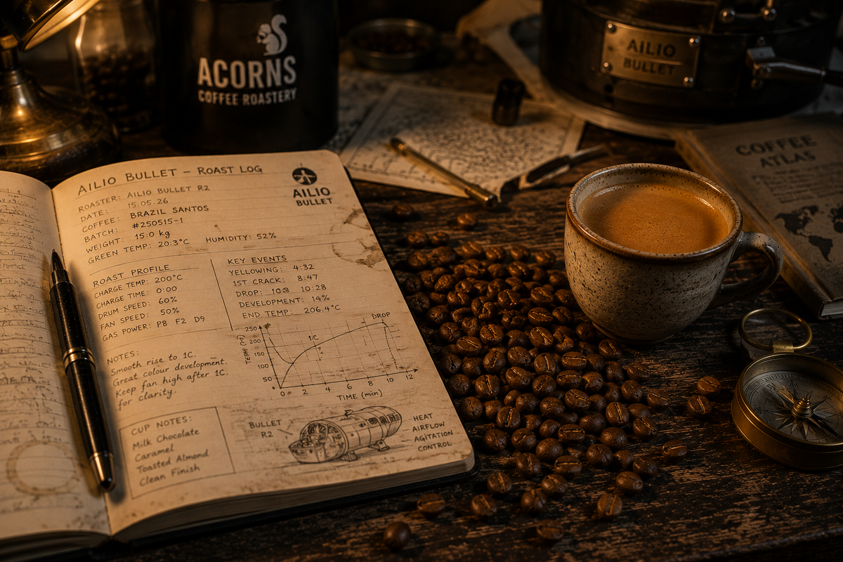Medium roast Vietnam Son La coffee from Acorns Coffee & Cake, shown in rustic coffee packaging with a dark roasted appearance.