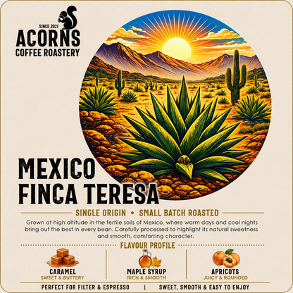 Medium roast coffee beans from Mexico Finca Teresa by Acorns Coffee & Cake, with apricot syrup in the background.