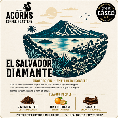 Medium roast coffee beans from El Salvador Diamante by Acorns Coffee & Cake, showcasing rich, balanced flavors with hints of chocolate.