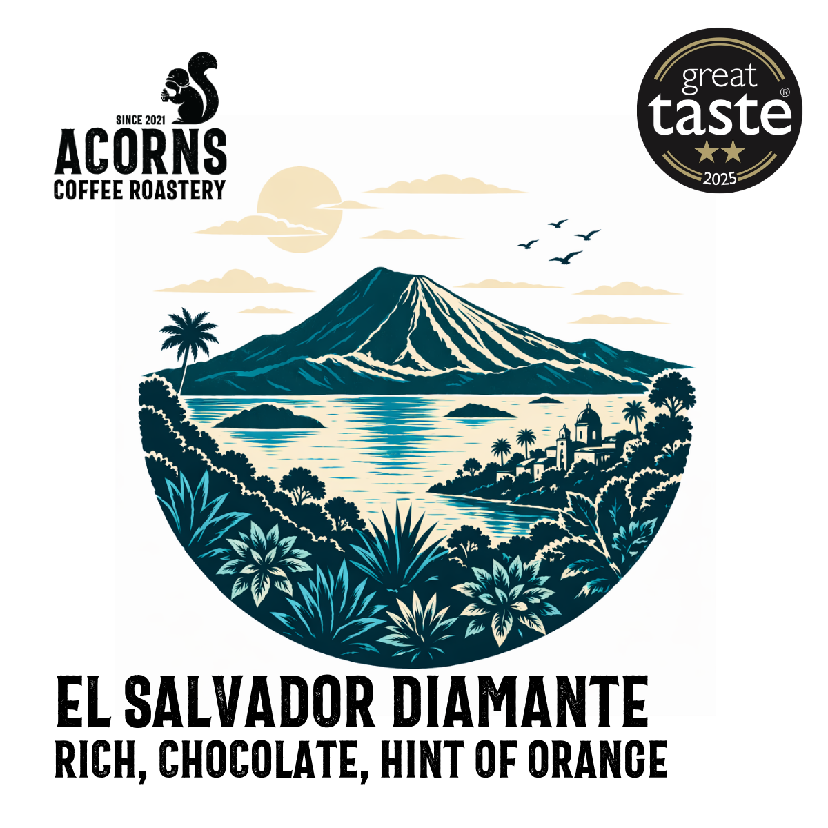 Medium roast coffee from El Salvador Diamante by Acorns Coffee & Cake, featuring rich chocolate and orange flavors in a brewed cup.