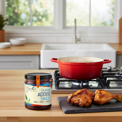 Bottle of Filipino style adobo sauce from RoniBs Kitchen in a kitchen setting, showcasing the flavorful condiment for Philippine cuisine.