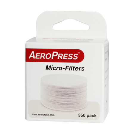 A set of white Aeropress paper filters from Contact Coffee Company Ltd., designed for use with AeroPress coffee brewers.