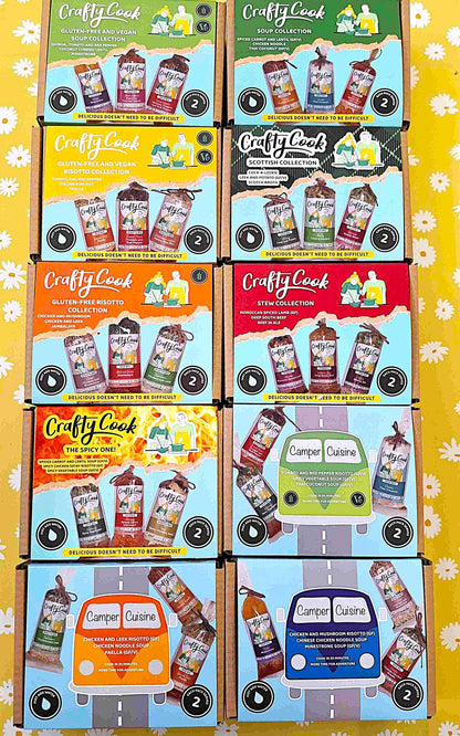 Two bundles of Crafty Cook all-10-box collections, featuring three 2-serving box sets in a variety of flavors.
