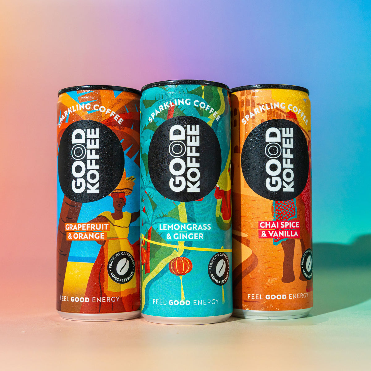 GOOD KOFFEE Sparkling Coffee hero shot with 3 cans of Vietnam, Barbados and India