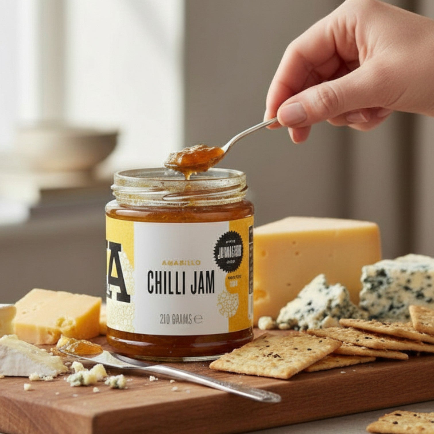 Janda Amarillo Yellow Chilli Jam 210g with cheese on a plate, showcasing sweet and spicy chili jam for cheese and barbecue.