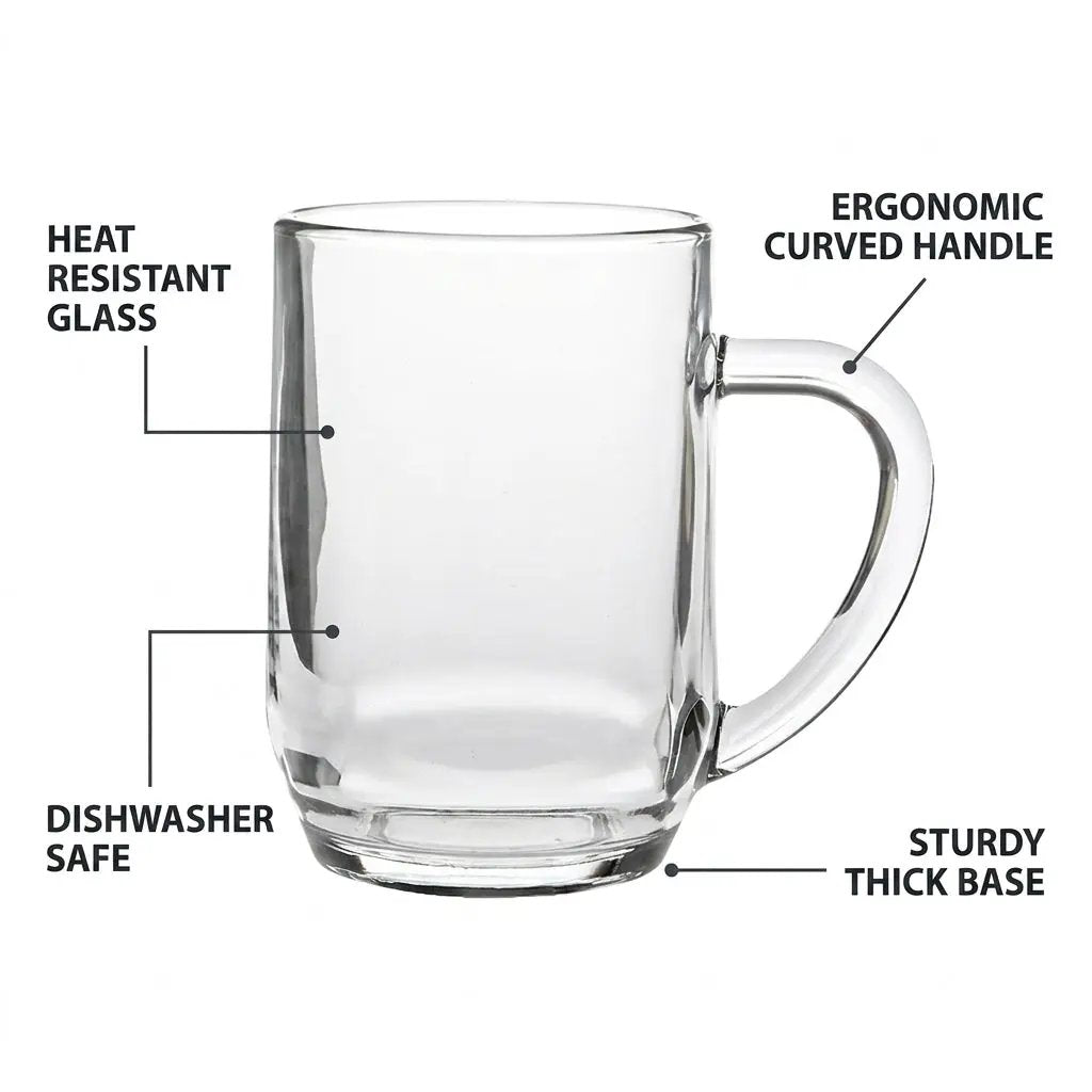 Set of six Heritage Glass Tankards by Glassware UK, 0.27Ltr, clear glass with sturdy handles, ideal for beverages.