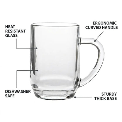 Set of six Heritage Glass Tankards by Glassware UK, 0.27Ltr, clear glass with sturdy handles, ideal for beverages.