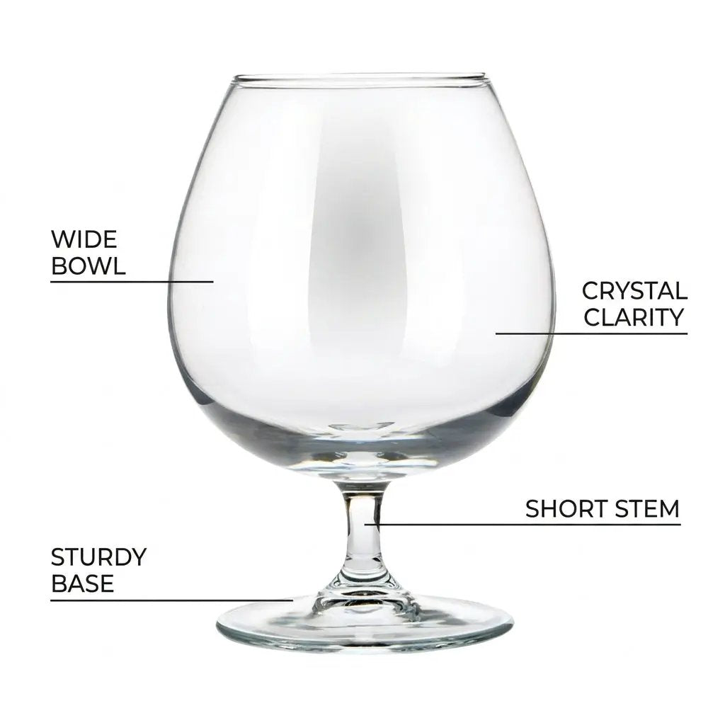 Six Glassware UK brand whisky tumblers, 550ml brandy balloon glasses set, showcasing clear glass with elegant shape.