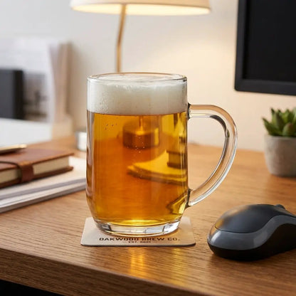 Heritage Glass Pint Tankard by Glassware UK, 570ml, clear glass with a sturdy handle on a wooden table.