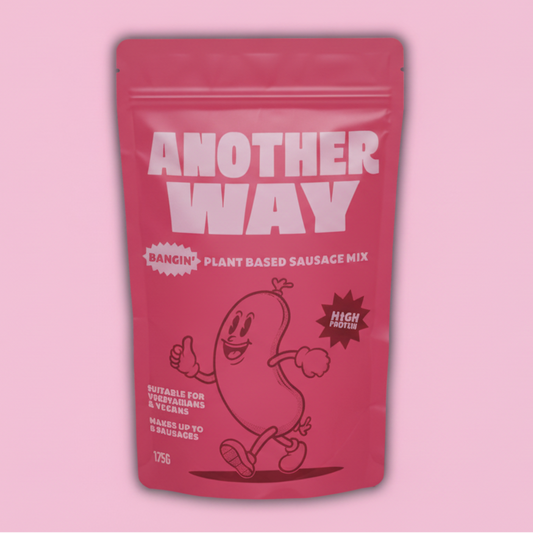 Pink package of 'Another Way' plant-based sausage mix on a pink background