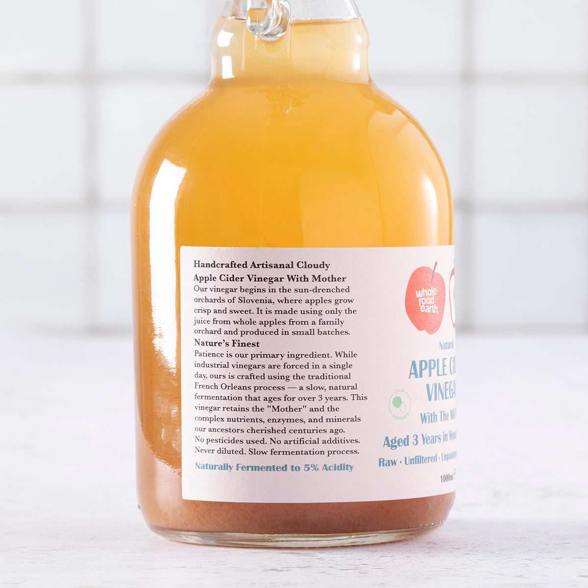 Kent Apple Cider Vinegar by Whole Food Earth in 2x1L bottles with "Mother," raw, unfiltered, unpasteurized, GMO-free vinegar.