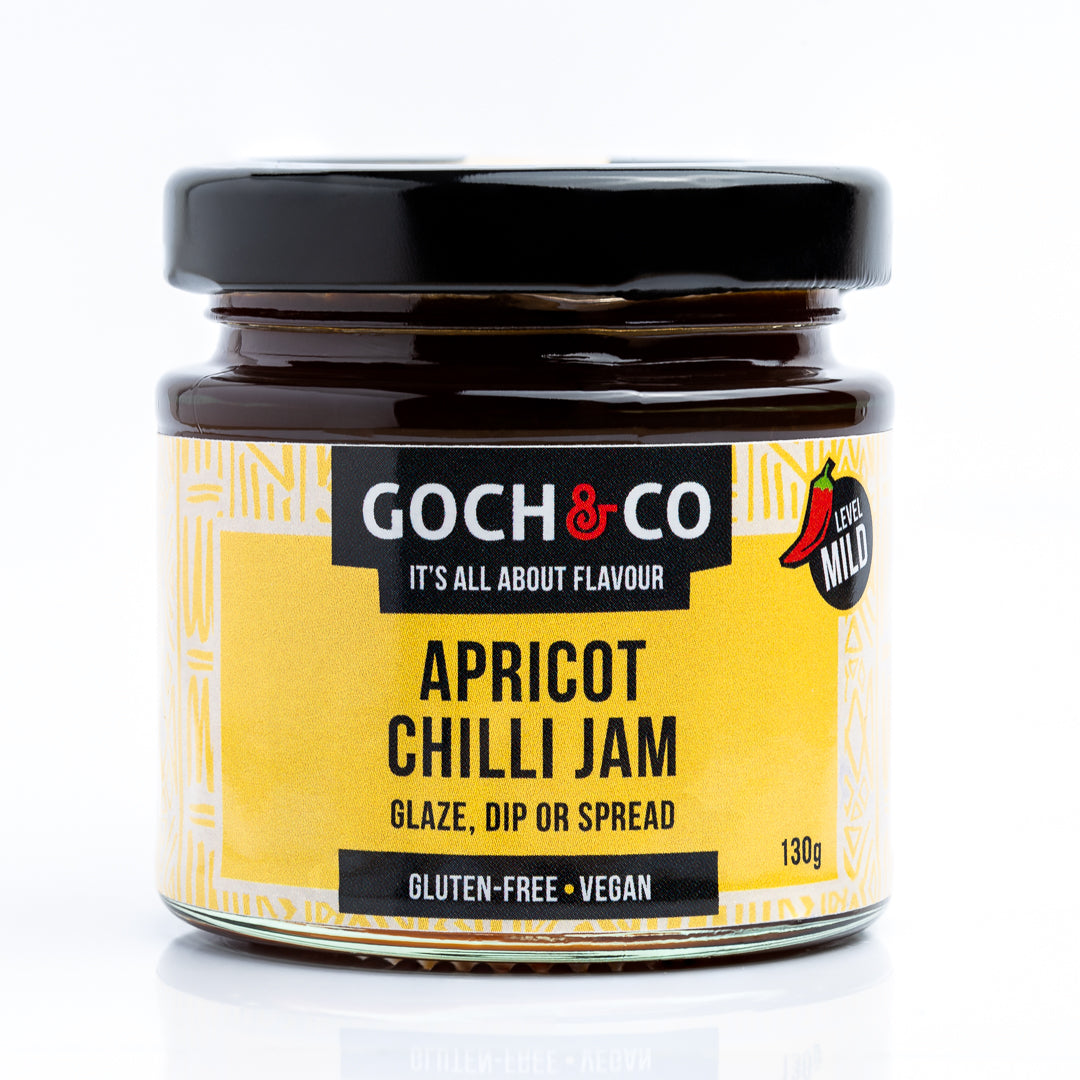 Apricot chilli jam by Goch & Co in a 130g jar, showcasing a vibrant orange apricot and red chili mixture with a glossy finish.