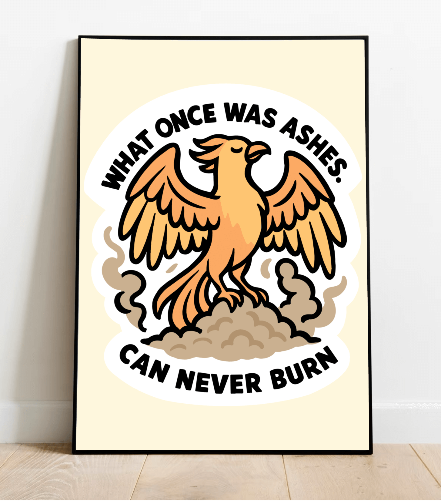 KEOLIX Phoenix wall art print featuring fiery orange and red flames on a textured background, ideal for modern home decor.