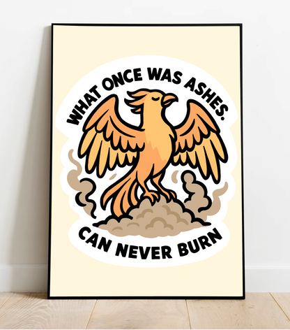 KEOLIX Phoenix wall art print featuring fiery orange and red flames on a textured background, ideal for modern home decor.