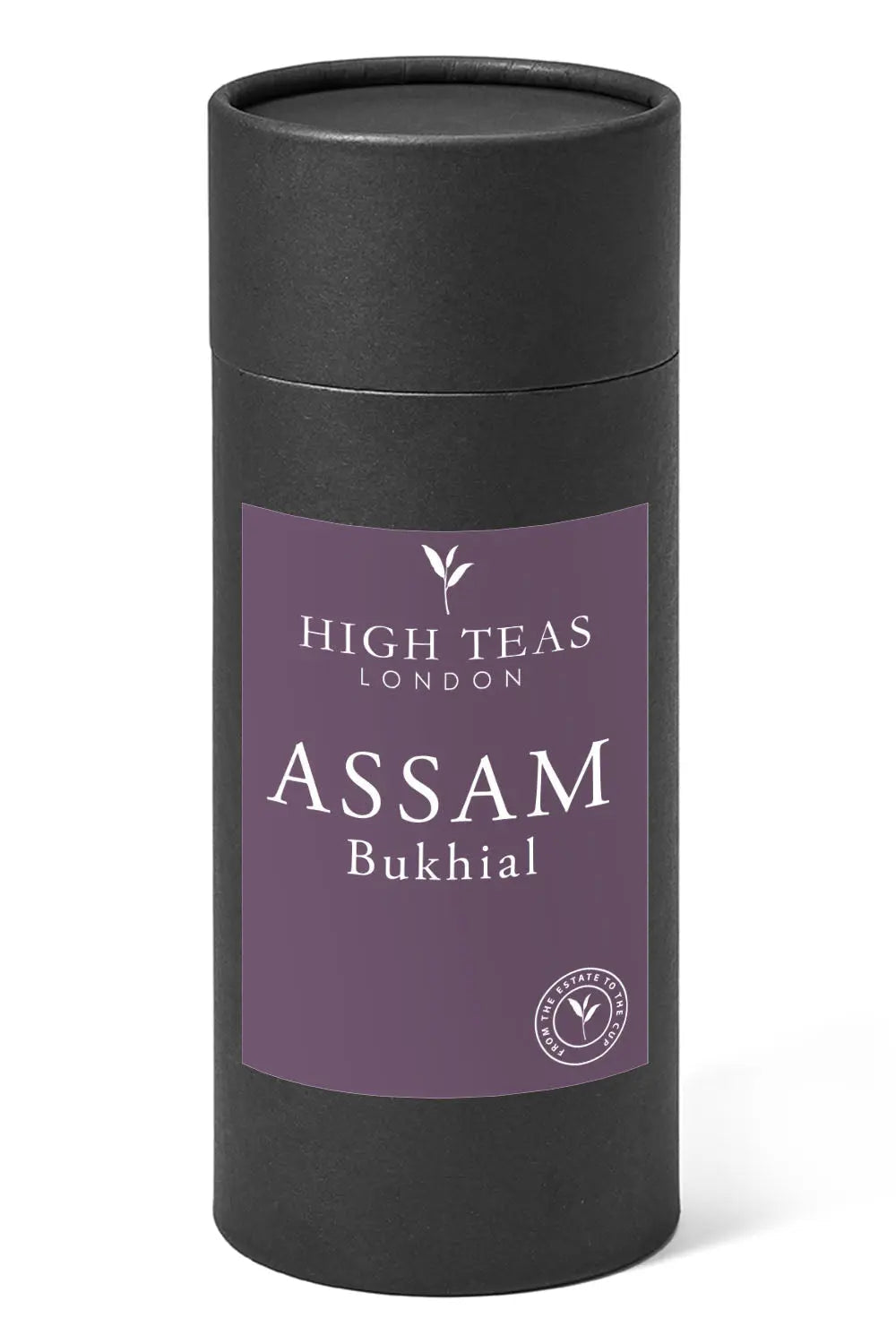 Loose leaf Assam Bukhial TGFOP tea from High Teas, showcasing dark, twisted leaves with golden tips for rich flavor.