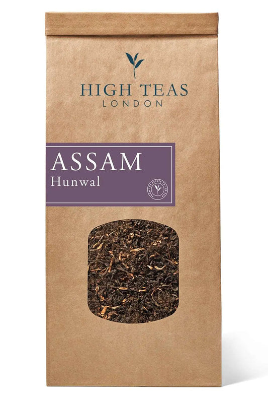 Assam Hunwal 2nd flush TGFOP1 tea leaves from High Teas, showcasing fresh, high-quality Assam tea in a close-up image.