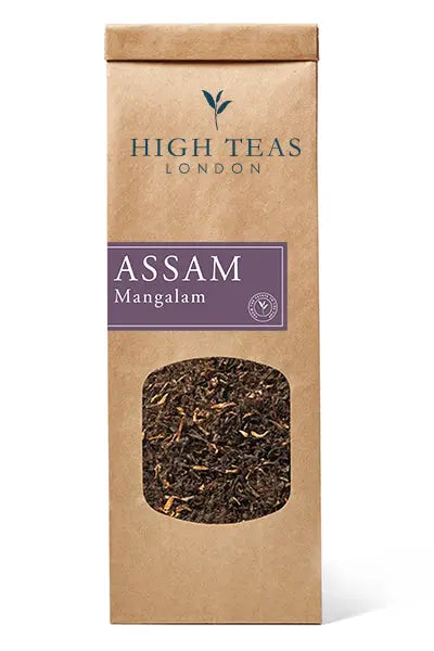 Assam Mangalam FTGFOP1 tea leaves from High Teas, showcasing golden orange pekoe tips in a traditional tea packaging image.
