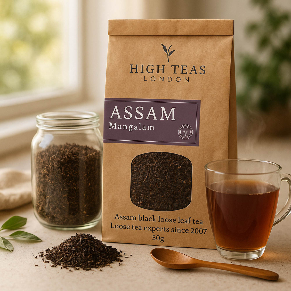 Assam Mangalam FTGFOP1 tea leaves in a traditional wooden tea tray with a teapot and cups, showcasing a relaxing tea-drinking scene.