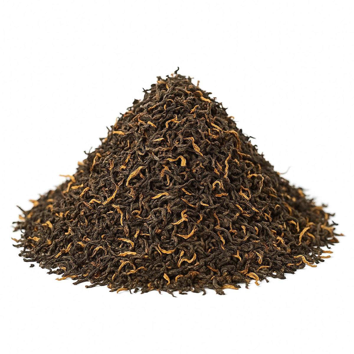 Assam Mangalam FTGFOP1 tea leaves from High Teas, shown in a neat pile with rich green and golden tips.
