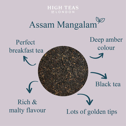 Assam Mangalam FTGFOP1 tea leaves from High Teas, showcasing fresh, whole dried tea leaves in a natural setting.