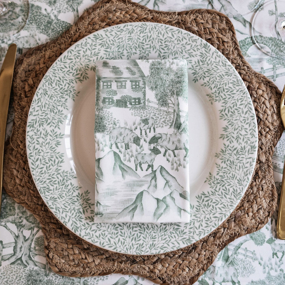 Pair of Lake District Toile napkins from Avalon Home UK with classic floral pattern and soft fabric.