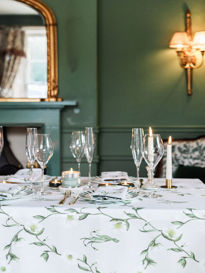 Snowdrop and hellebore floral tablecloth by Avalon Home UK, featuring elegant spring and summer botanical design.
