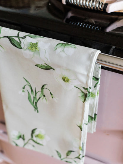 Snowdrop and hellebore floral tea towel from Avalon Home UK, featuring spring and summer botanical designs.