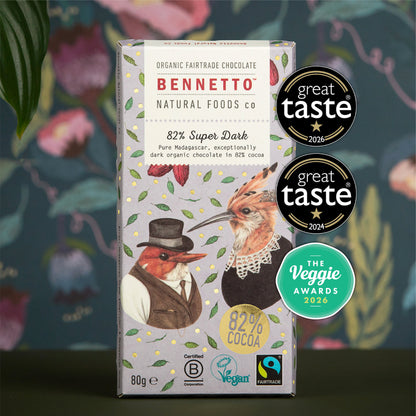 Bennetto Natural Foods UK 82% Super Dark Chocolate bar with rich, intense dark chocolate appearance and smooth texture.
