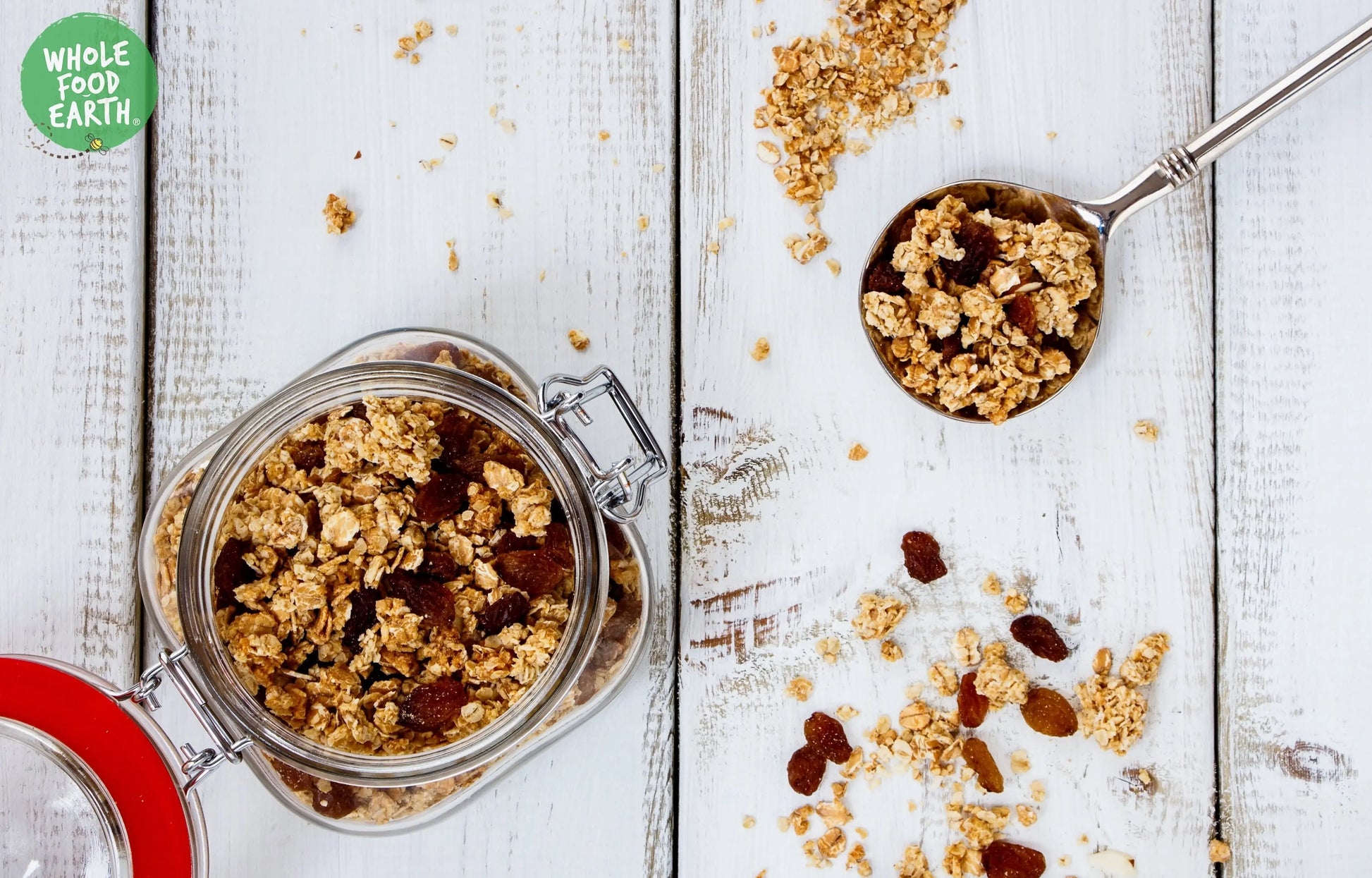 Honey toasted oat and rice crisps clusters from Whole Food Earth, featuring crunchy nuts and seeds in a natural snack.