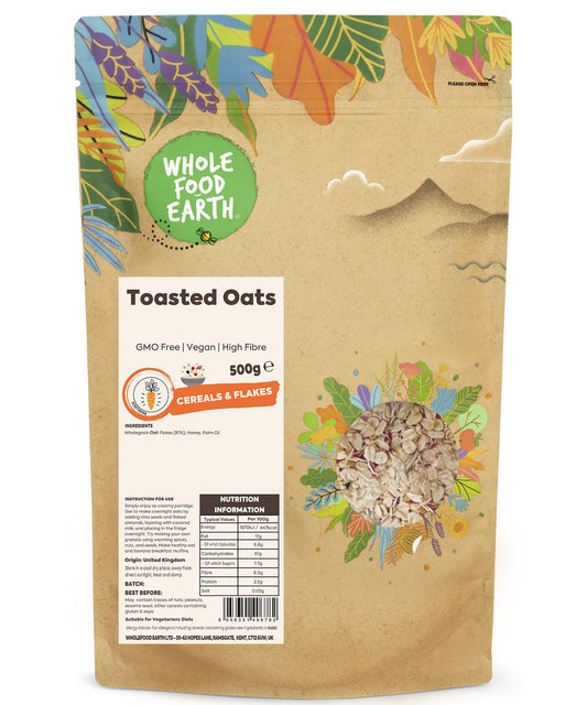 Whole Food Earth toasted oats cereal in a bowl, showcasing golden, crunchy oats with a natural, wholesome appearance.