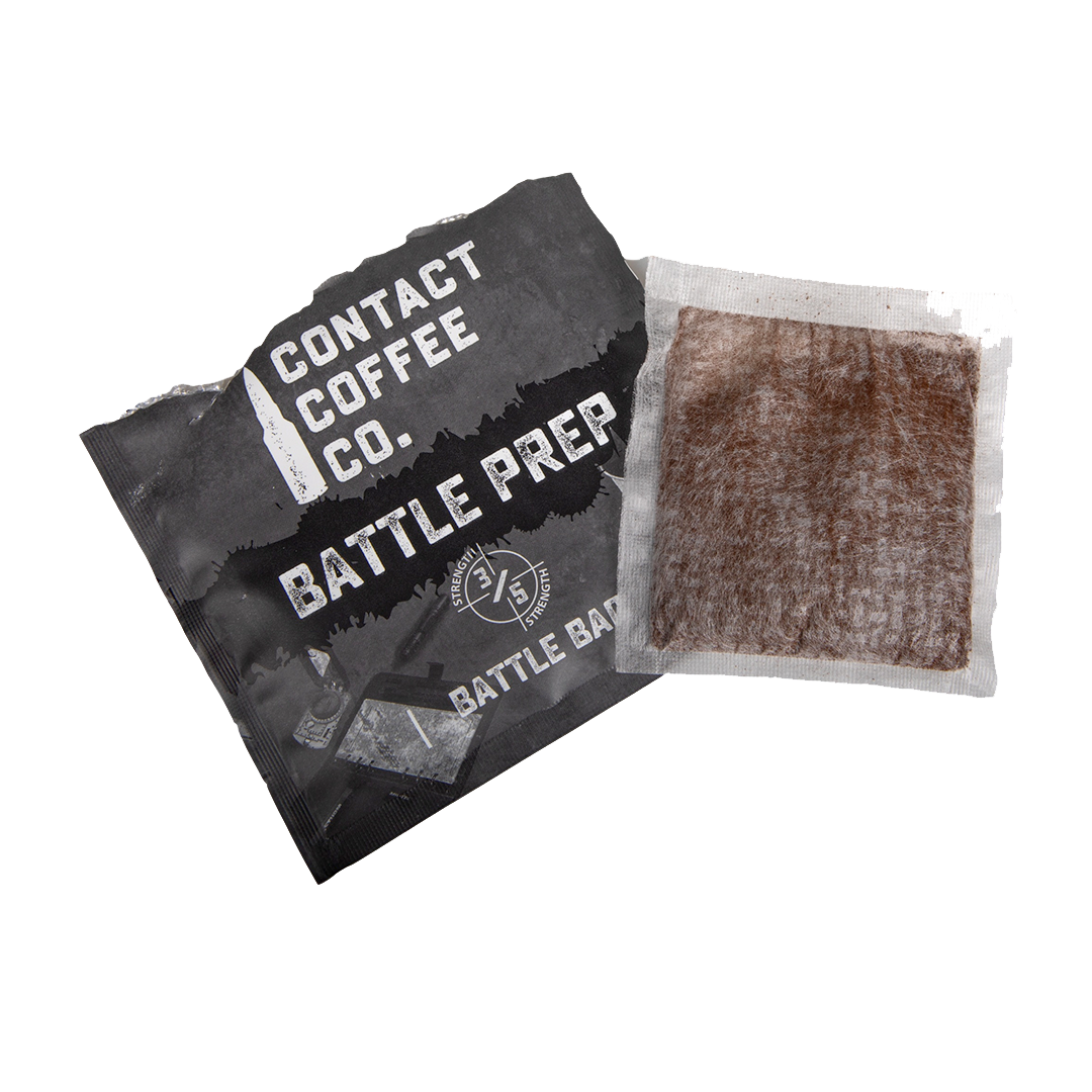 Single serve coffee bag labeled Battle Prep from Contact Coffee Company Ltd., ready for brewing.