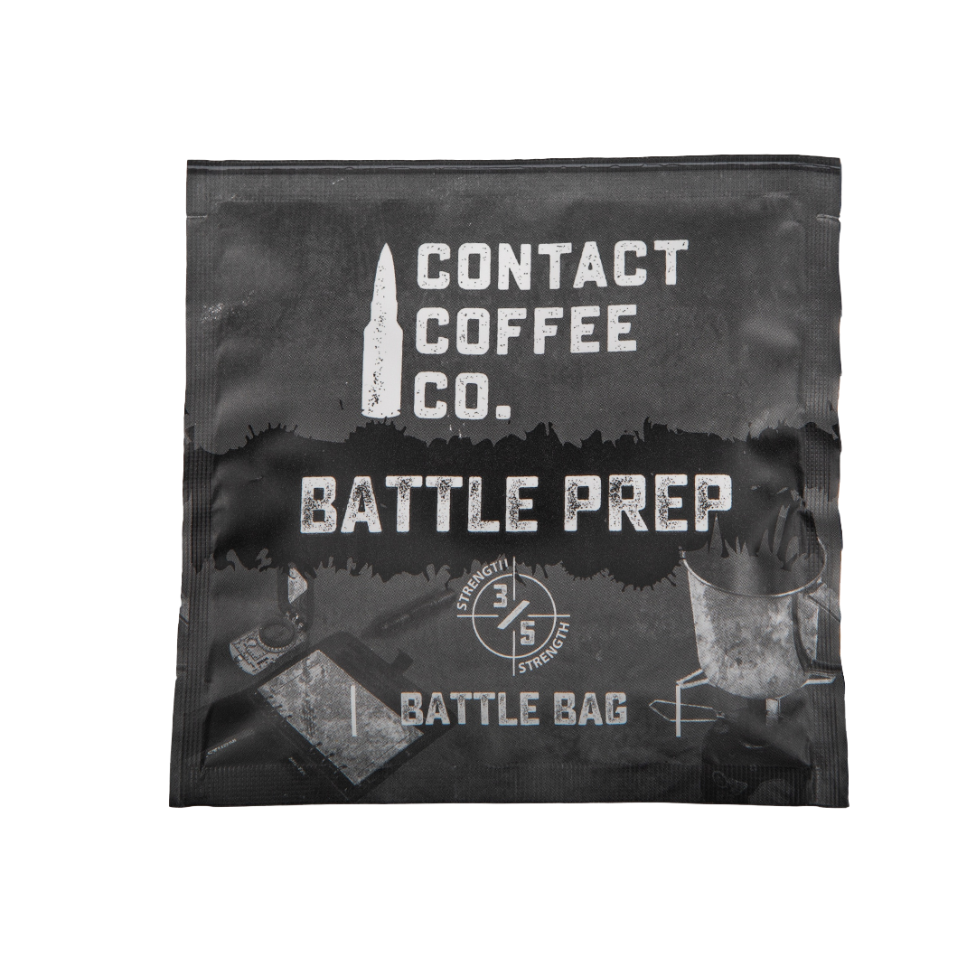 Single serve coffee bag from Contact Coffee Company Ltd. featuring Battle Prep blend, ready for brewing.