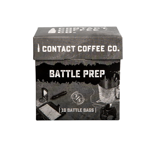 Coffee bags labeled Battle Prep from Contact Coffee Company Ltd. featuring a sleek design and bold branding.
