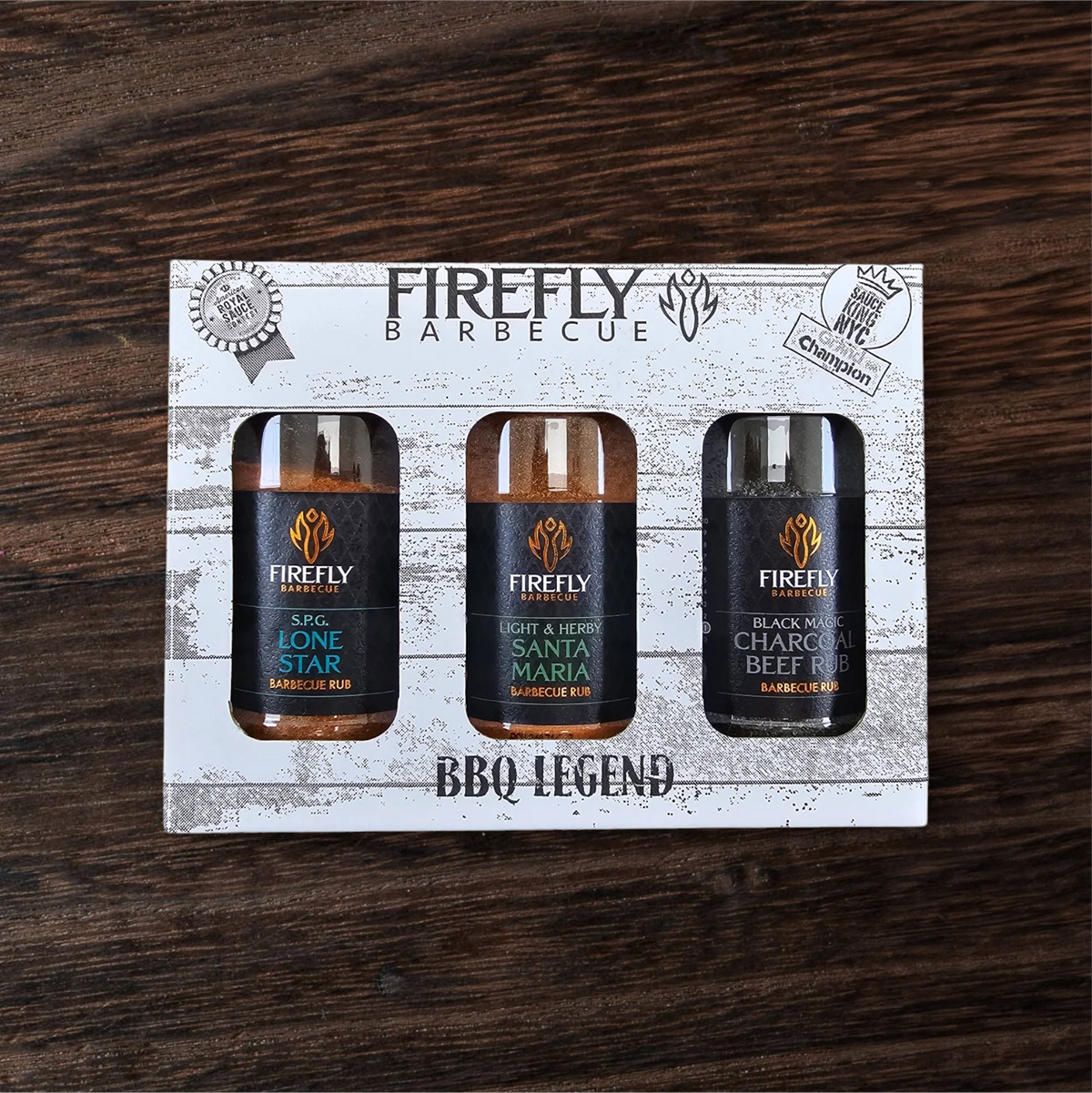 FireFly Barbecue BBQ Legend gift box with three beefy BBQ rubs in a stylish bundle, perfect for grilling enthusiasts.