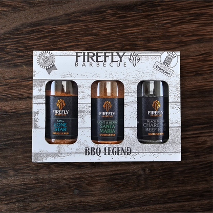FireFly Barbecue BBQ Legend gift box with three beefy BBQ rubs in a stylish bundle, perfect for grilling enthusiasts.