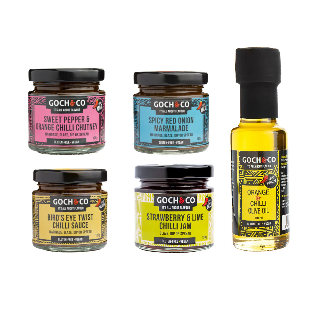 Goch & Co BBQ sauces gift set with assorted authentic flavors in a white box, perfect for grilling and barbecue enthusiasts.