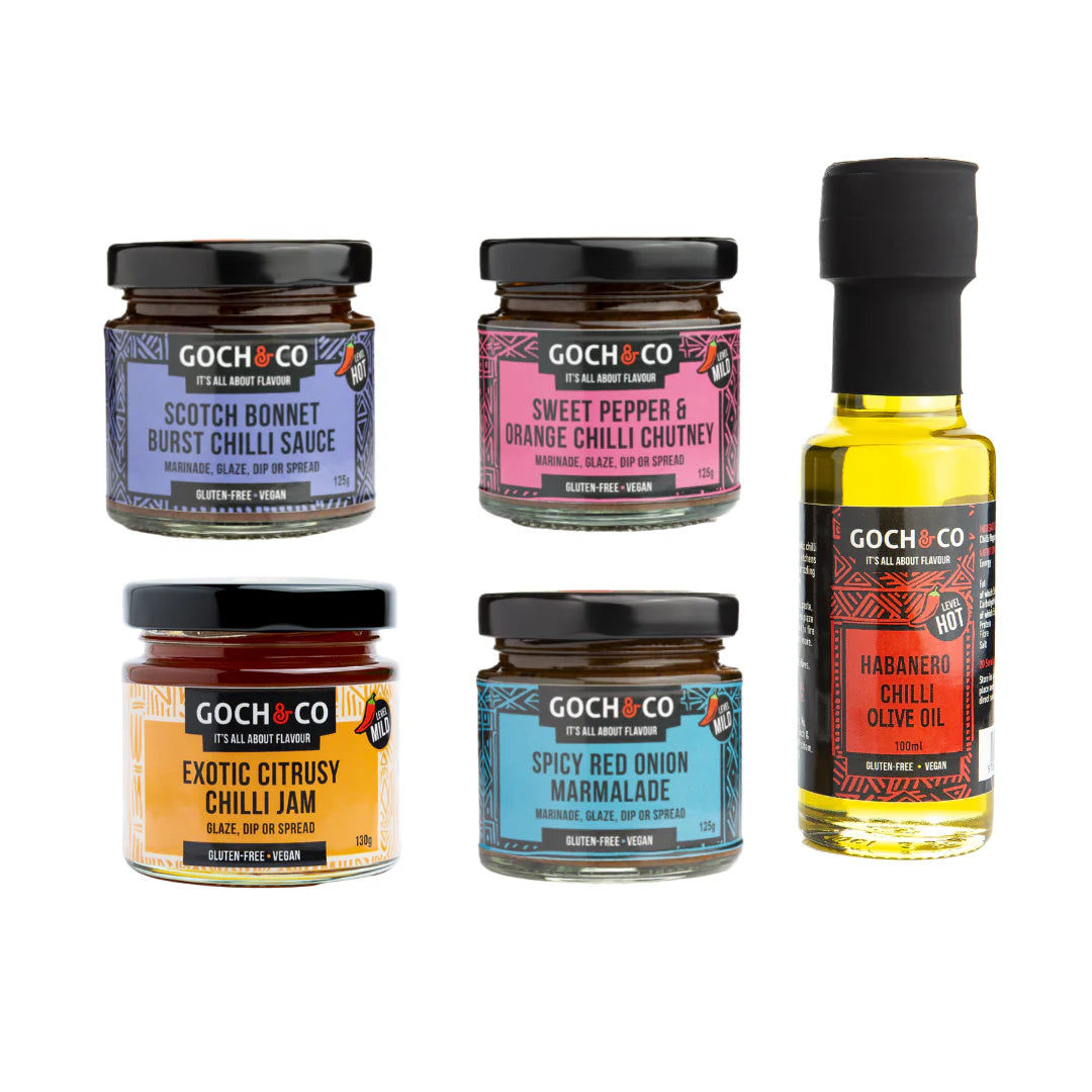 Goch & Co BBQ sauces gift set featuring a selection of authentic flavored bottles on a white background.