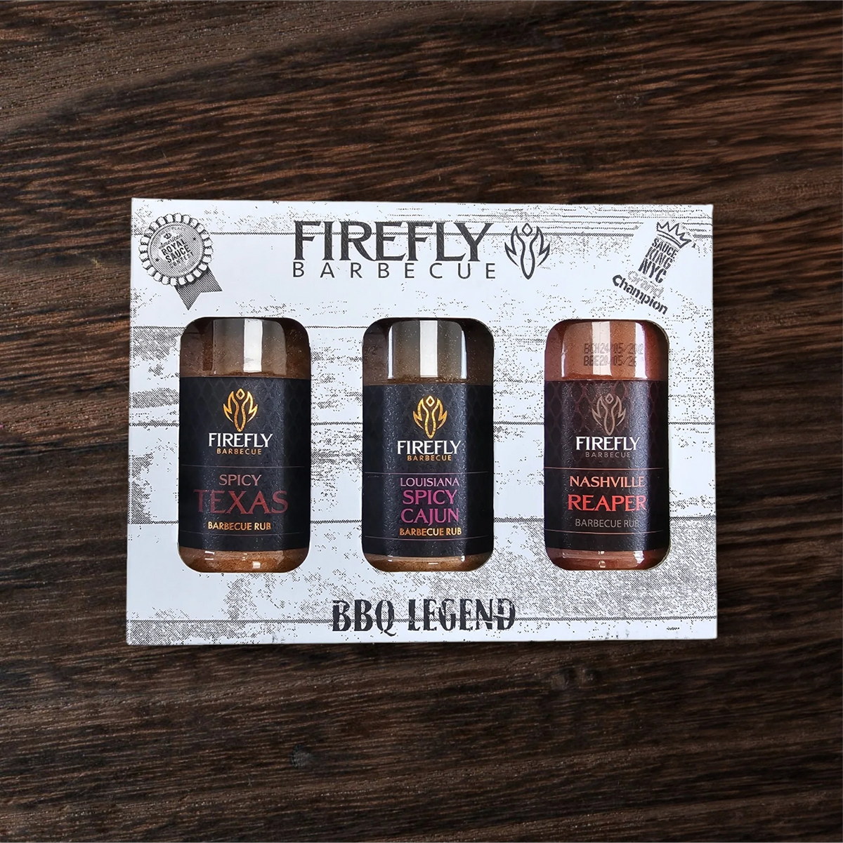 FireFly Barbecue BBQ Legend spicy rubs gift pack with three flavorful BBQ spice blends in a colorful bundle.