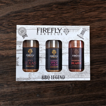 FireFly Barbecue BBQ Legend spicy rubs gift pack with three flavorful BBQ spice blends in a colorful bundle.