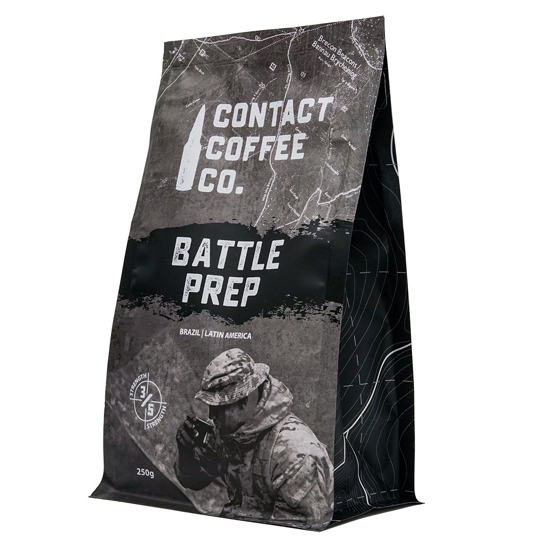 ArtisanBox Battle Prep Coffee bag with label, featuring bold branding and a sleek black and gold design.