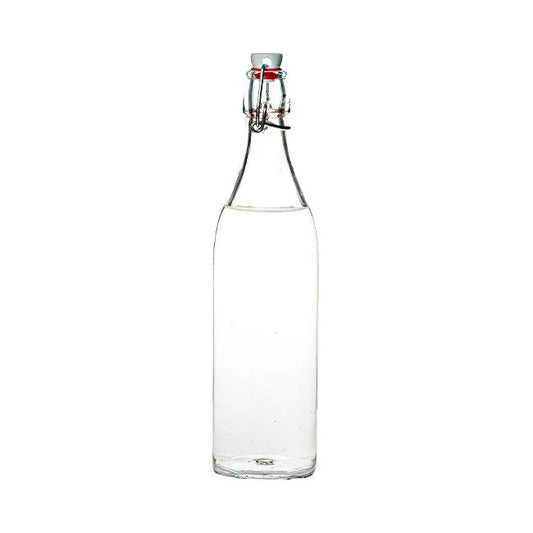 Clear Bormioli Rocco 1-liter round swing top glass bottle with metal clasp and rubber seal for storing liquids.