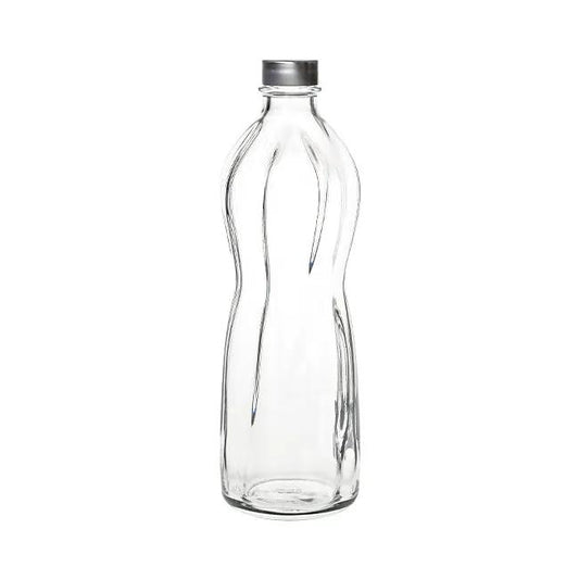Bormioli Rocco Wave 1L glass bottle with a textured wave pattern and clear glass, designed for beverages or storage.